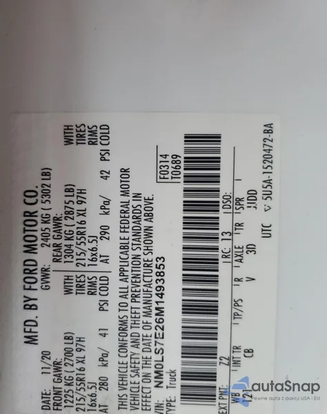 2021 Ford Transit Connect Xl из США, поврежденный, VIN NM0LS7E26M1493853